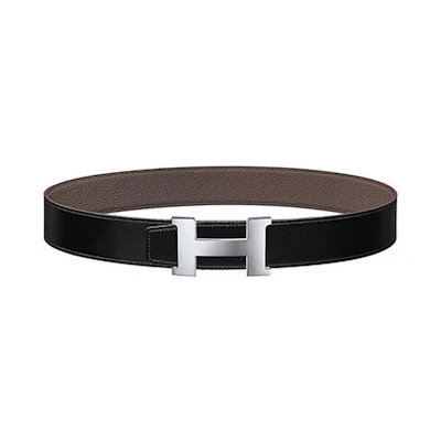 HERMES Black/Tin Gray Leather Belt 3.8cm H077971CAAG,H074562CK05
