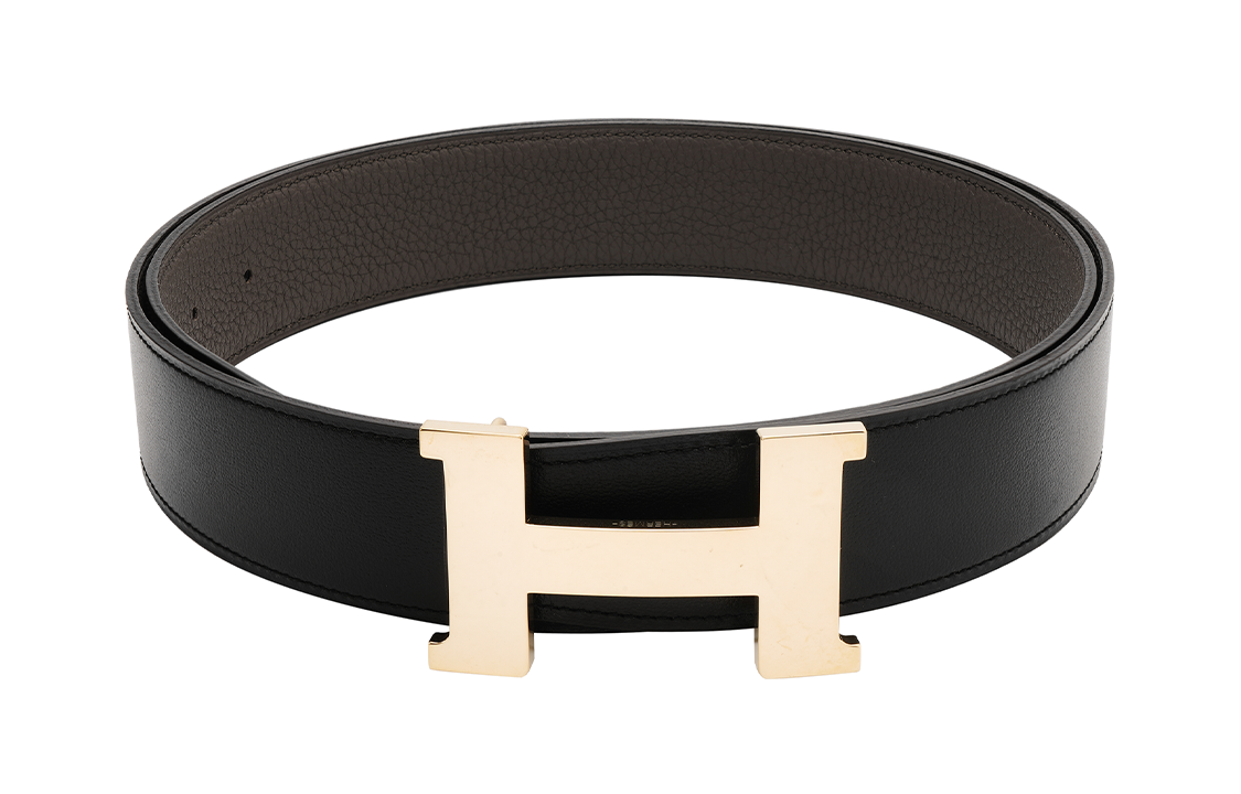 Hermes Black/Tin Grey Calfskin Belt with Gold Buckle 3.8cm Width. H074562CP2K-H077971CAAG