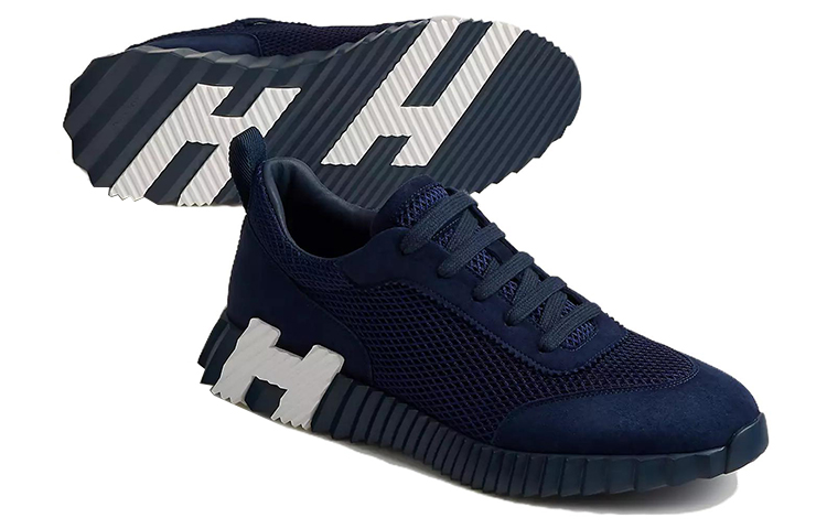 Shop HERMES愛馬仕 Bouncing 網布皮革 低幫繫帶 運動休閒鞋 男款 海軍藍