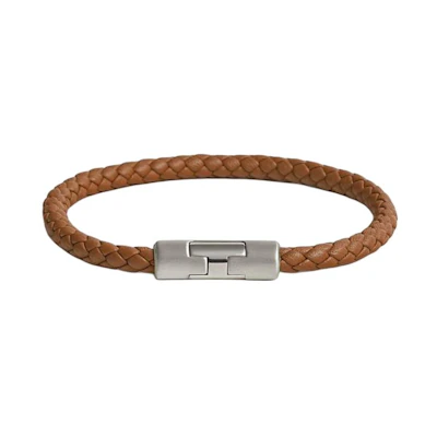 HERMES Braided Leather Bracelet Unisex Couples Style Brown H077324FP37T3