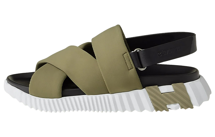 HERMES Calfskin Woven Fabric Open-Toe Velcro 'Khaki'