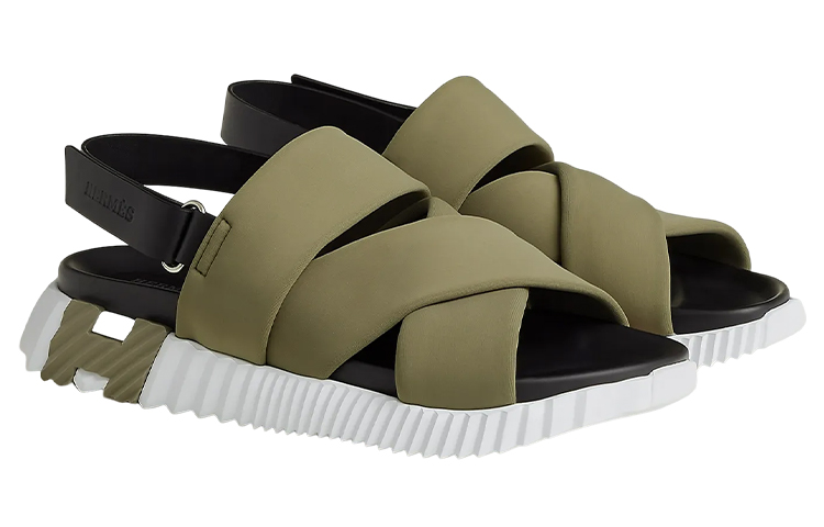 HERMES Calfskin Woven Fabric Open-Toe Velcro 'Khaki' 圖 3