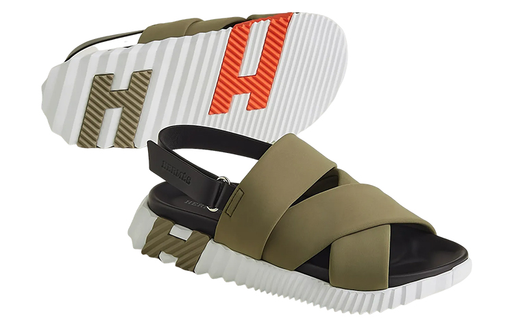 HERMES Calfskin Woven Fabric Open-Toe Velcro 'Khaki' 圖 5