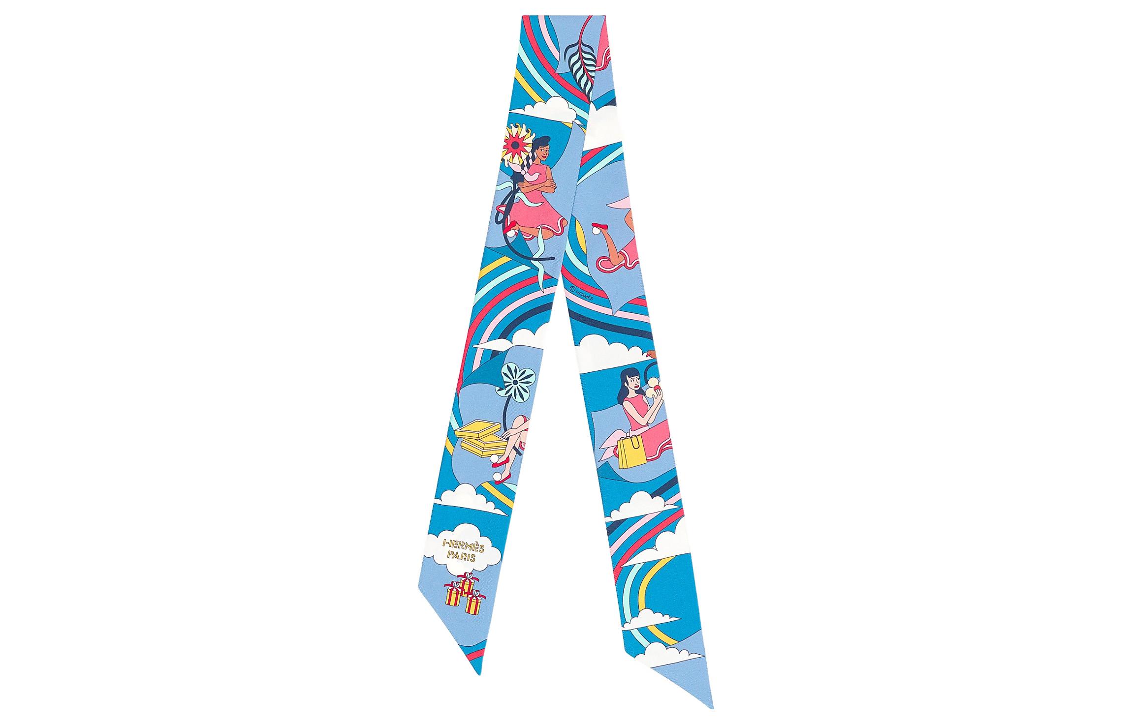 HERMES Carres Volants Twilly Silk Scarf Unisex Couple Edition. H063849S-17