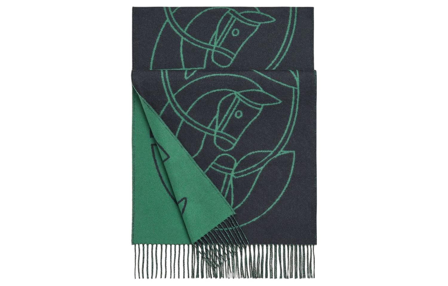 HERMES Casaque Entrelacs Green/Navy Cashmere Scarf Unisex Couples Fashion H253955S 01