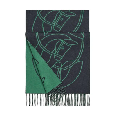 HERMES Casaque Entrelacs Green/Navy Cashmere Scarf Unisex Couples Fashion H253955S 01
