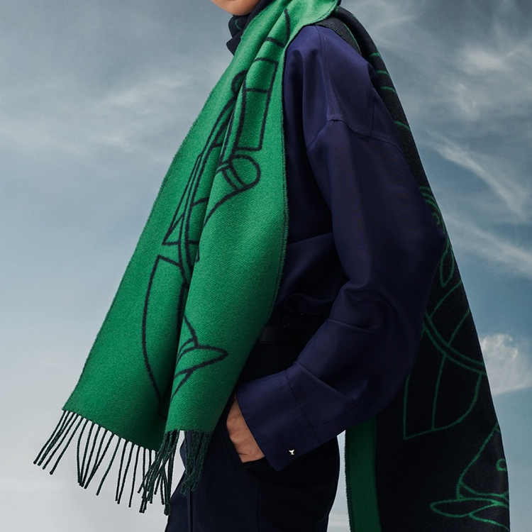 HERMES Casaque Entrelacs Green/Navy Cashmere Scarf Unisex Couples Fashion H253955S 01 圖 3