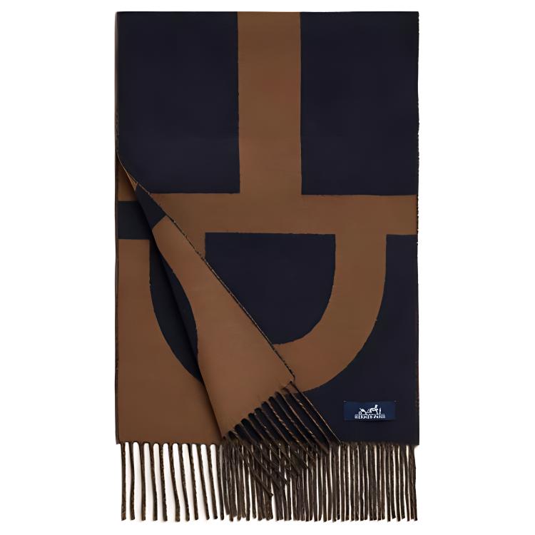 HERMES Casaque Grand Mors Reversible Cashmere Scarf Navy/Beige Unisex. H259116S-03