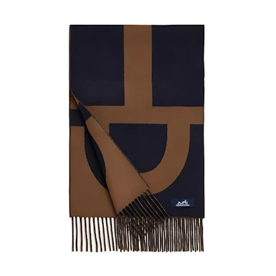 HERMES Casaque Grand Mors Reversible Cashmere Scarf Navy/Beige Unisex. H259116S-03