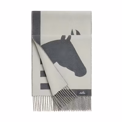 HERMES Casaque Love Story Cashmere Scarf Unisex Couple Style Gray. H254043S 02