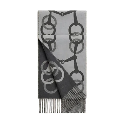 HERMES Cashmere Scarf Jacquard Knit Unisex Gray H394809T 01