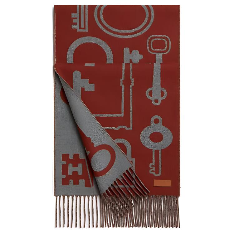 HERMES Cashmere Scarf Red with Leather Patch Design Unisex Couple Style. H259142S05