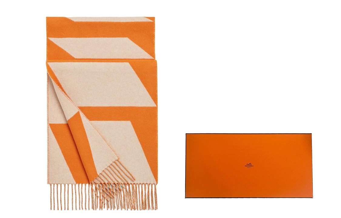 HERMES Cashmere Scarf with Tassels Unisex Couple Style Orange/White H259091S-06 圖 2