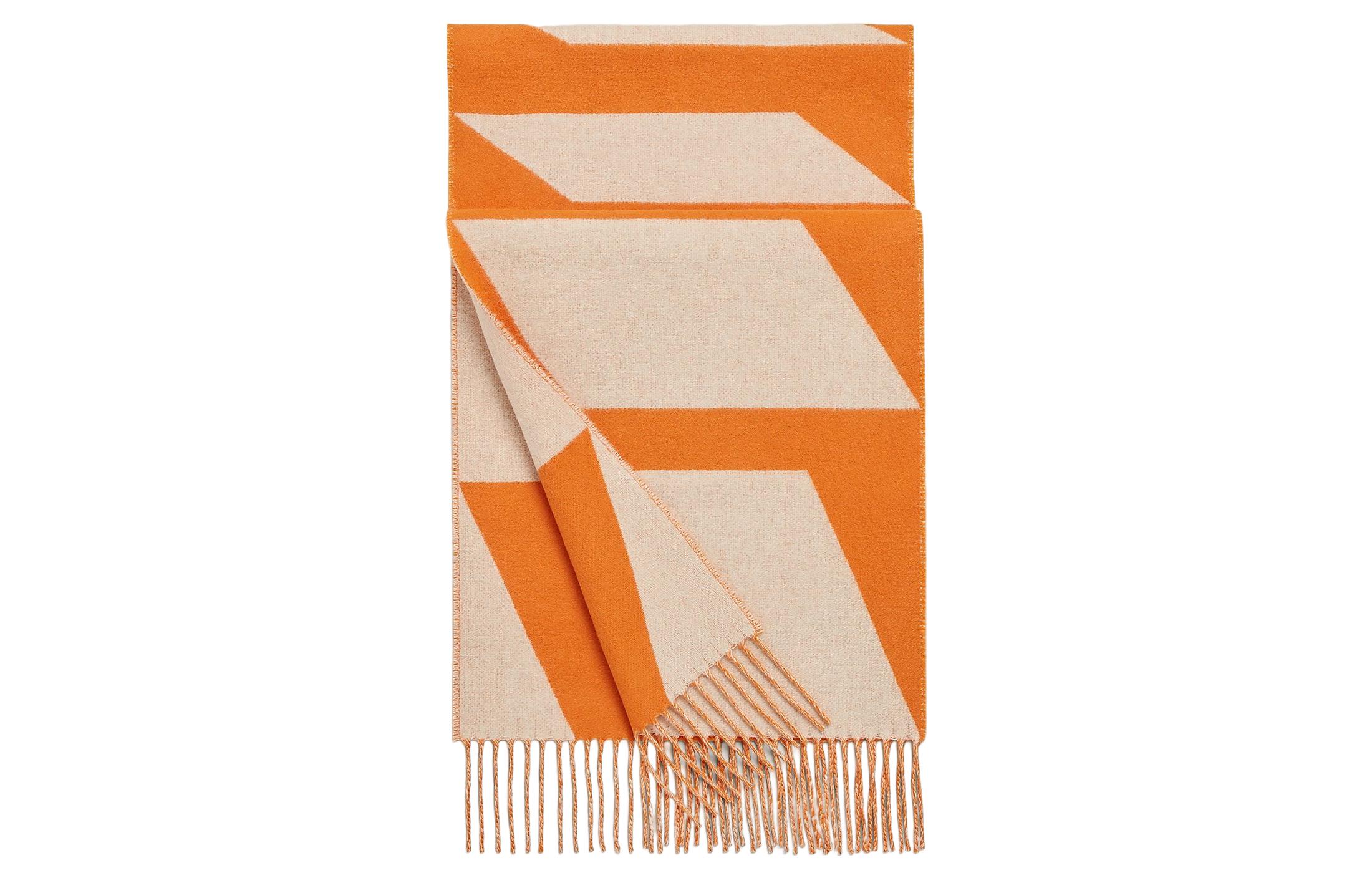 HERMES Cashmere Scarf with Tassels Unisex Couple Style Orange/White H259091S-06 圖 3