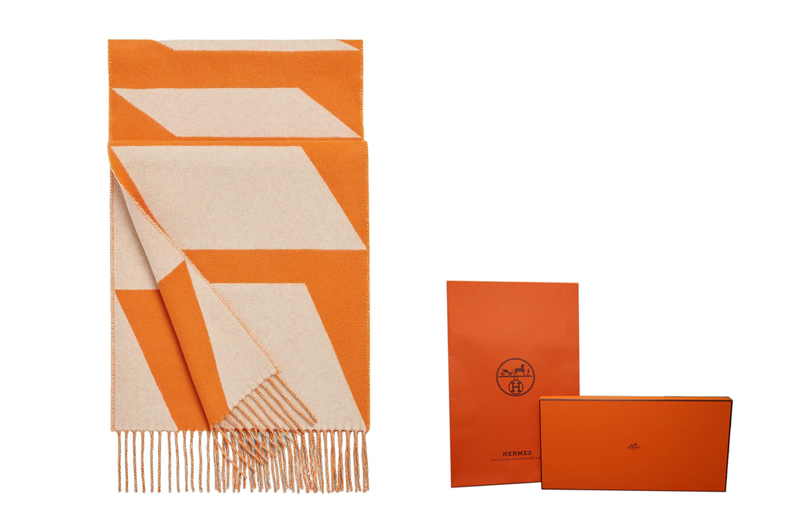 HERMES Cashmere Scarf with Tassels Unisex Couple Style Orange/White H259091S-06 圖 5