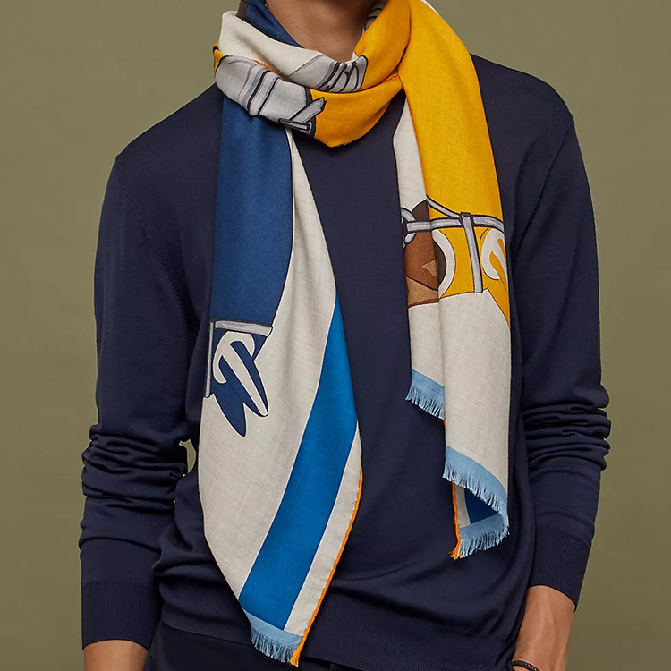 HERMES Cavalcadour Shawl Scarf 63x180cm Beige/Yellow/Navy Blue H693345T-14 圖 3