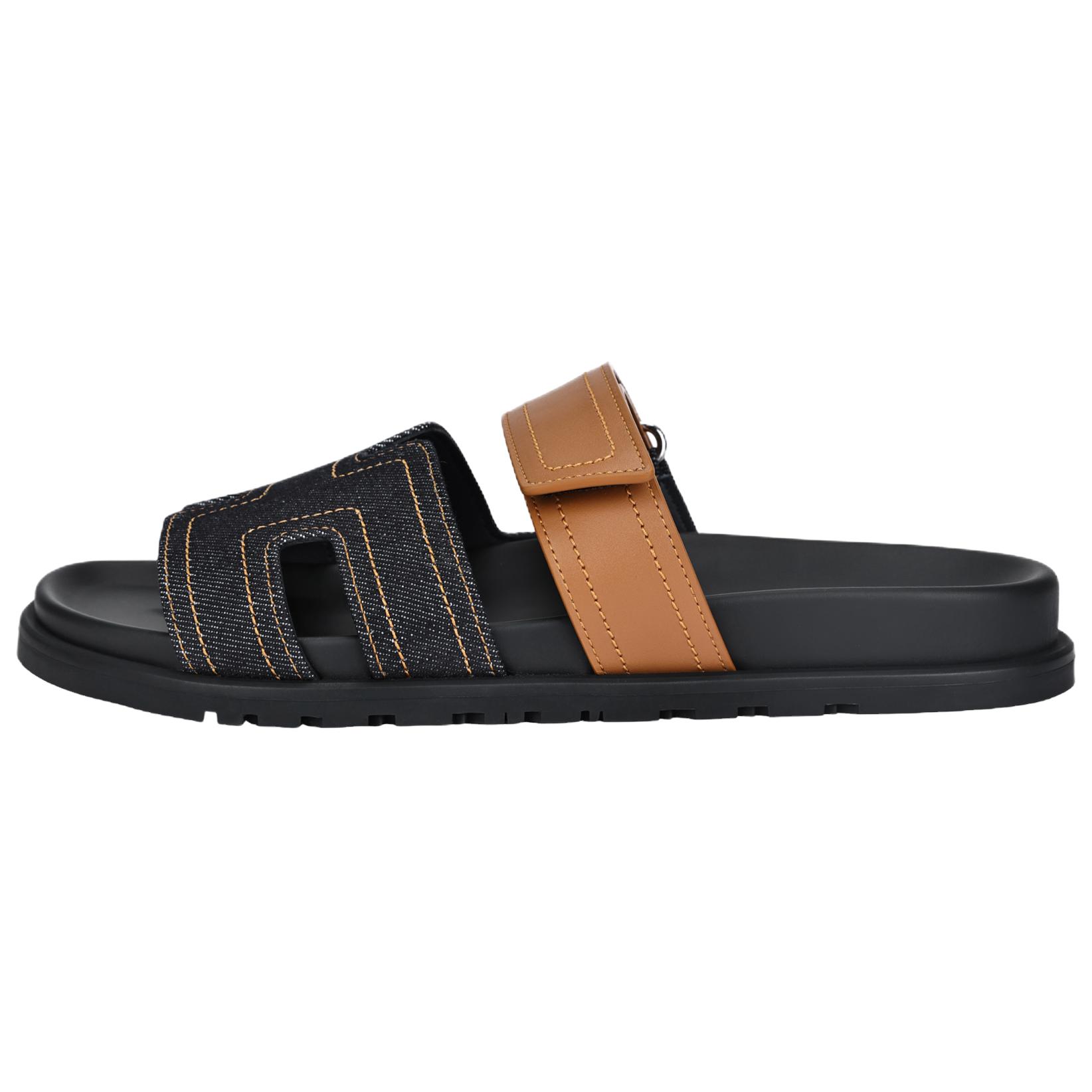HERMES Chypre Calfskin Flat Slide Sandals Black/Orange (). H242886Z H48