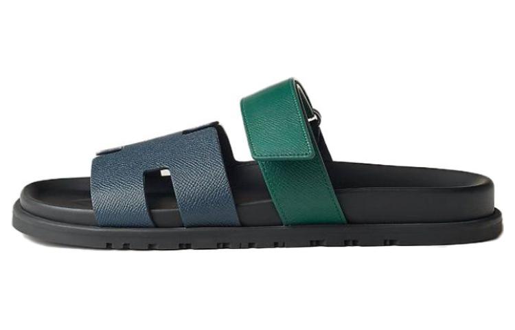 HERMES Chypre Leather Slides 'Blue Green'