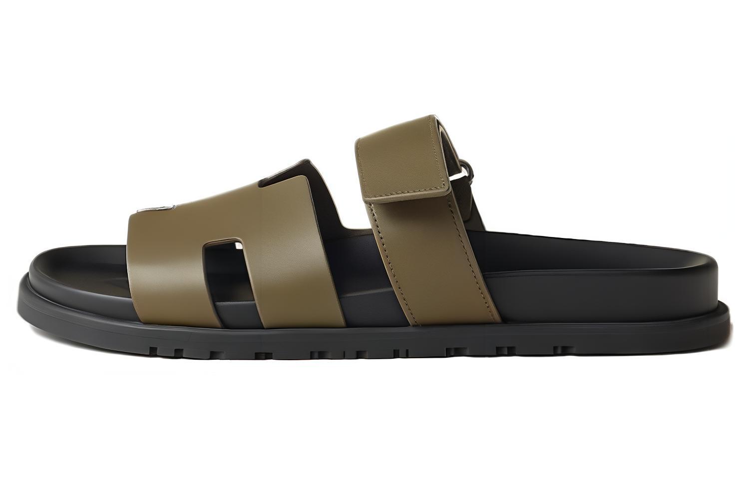HERMES Chypre Leather Slides 'Brown Green'