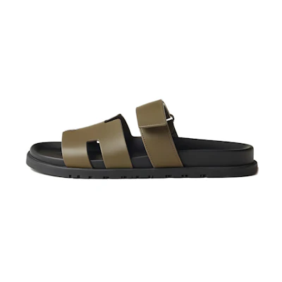 HERMES Chypre Leather Slides 'Brown Green'