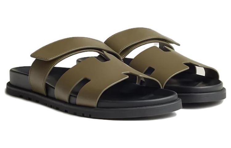 HERMES Chypre Leather Slides 'Brown Green' 圖 2