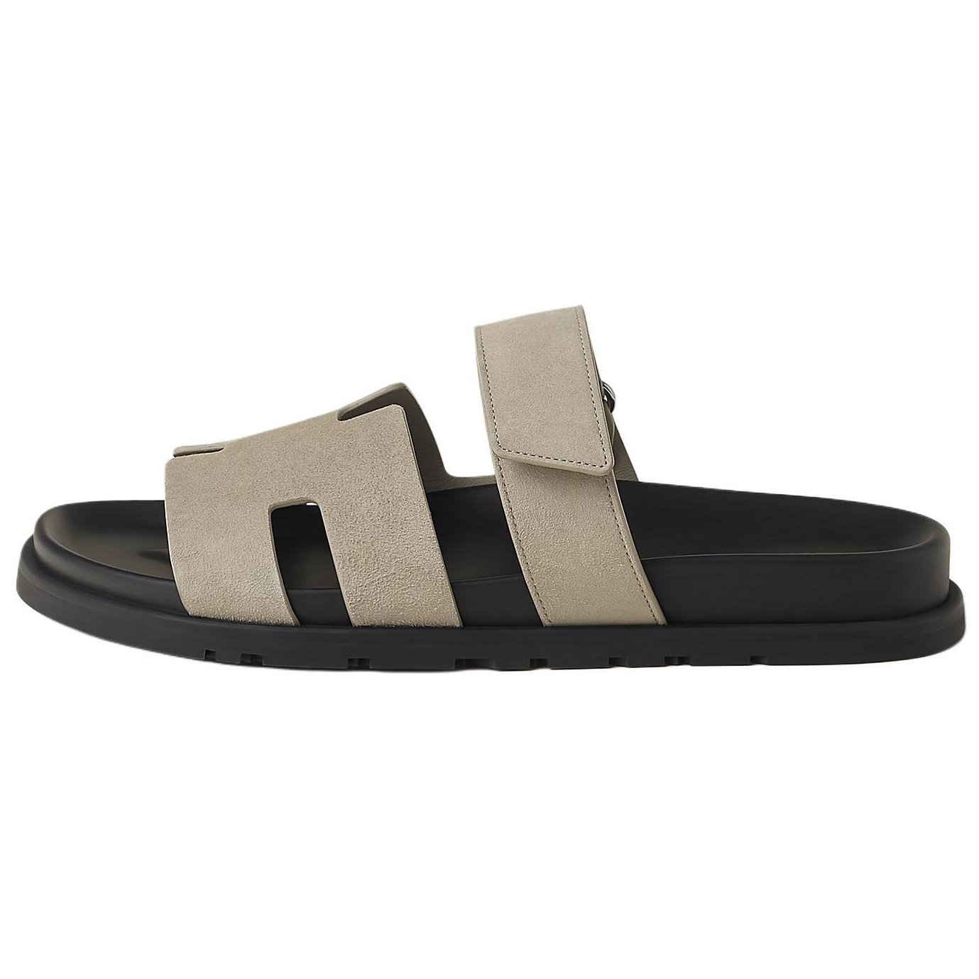 HERMES Chypre Suede Open-Toe Slide Sandals Grey H222856Z HNL