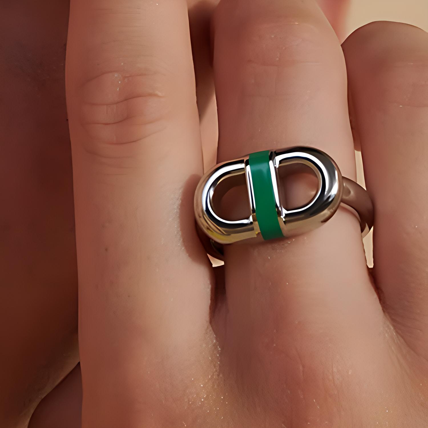 HERMES Classic Chain Design Stainless Steel Ring Unisex Peacock Green H100043FJ8352 圖 4