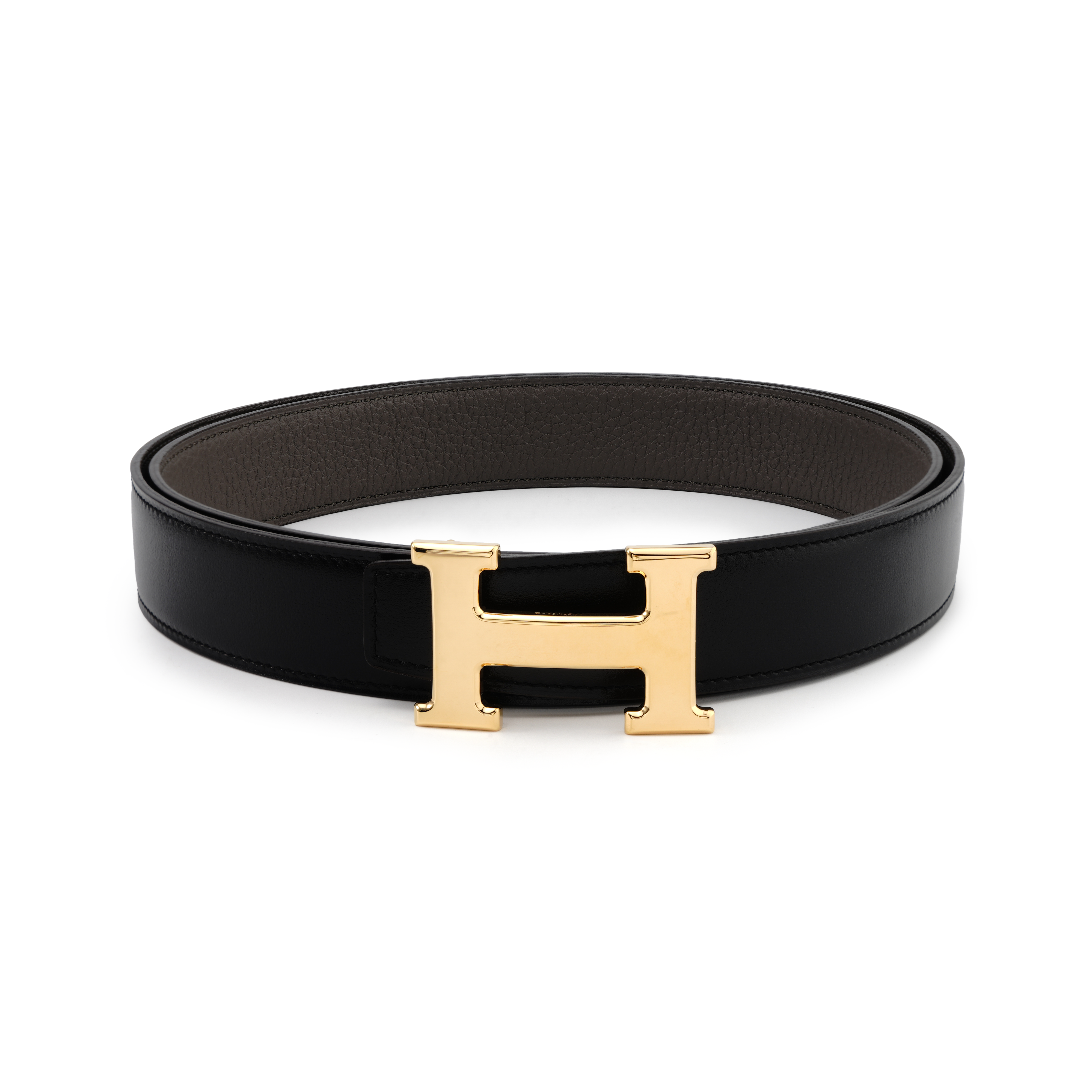 Hermes Classic Glossy Gold Buckle Togo Calfskin Reversible Belt Black/Grey 3.2cm H064544CC06-H073967CAAC