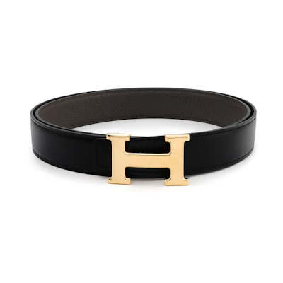 Hermes Classic Glossy Gold Buckle Togo Calfskin Reversible Belt Black/Grey 3.2cm H064544CC06-H073967CAAC