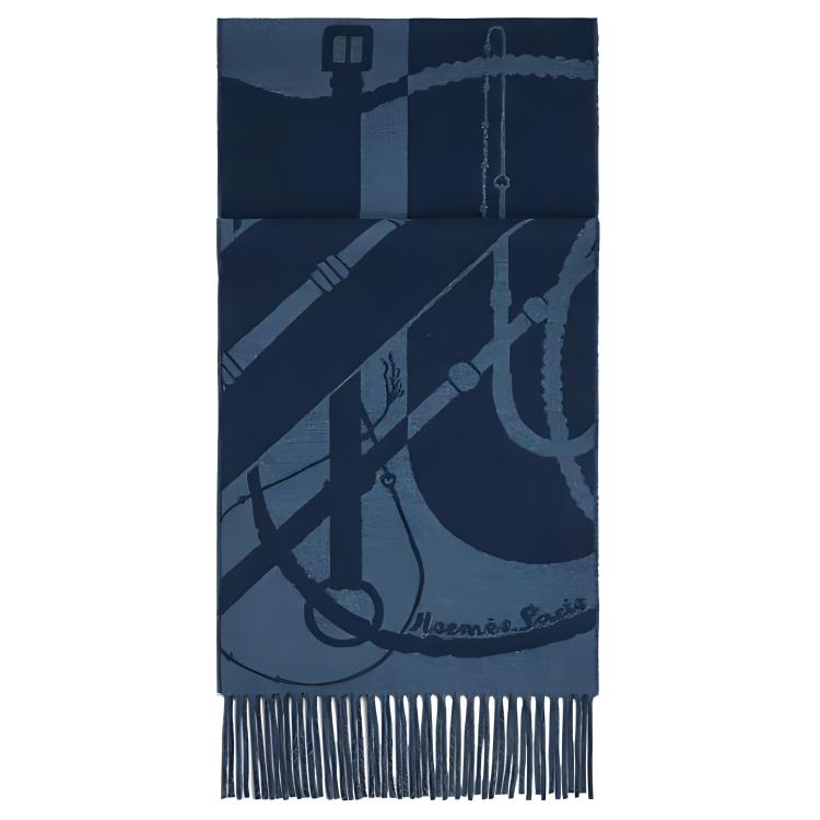 HERMES Clic-Clac Patterned Cashmere Wool Scarf for Men - Blue H394071T-07