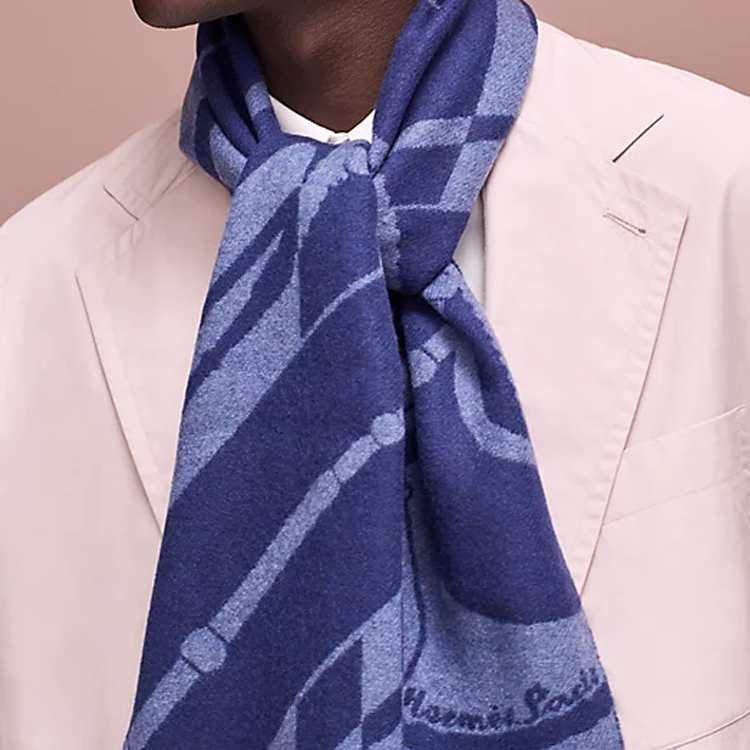HERMES Clic-Clac Patterned Cashmere Wool Scarf for Men - Blue H394071T-07 圖 3