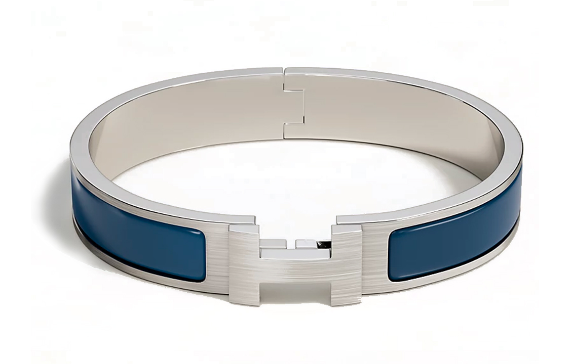 HERMES Clic H Matte Enamel Metal Bracelet Silver/Blue for Men. H703203FB3FT5
