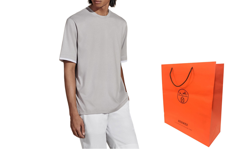 Shop HERMES 拼色荷葉邊圓領短袖T恤 霧白 男款 H457940HA94LA