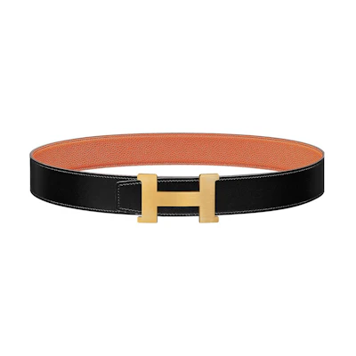 HERMES Constance Black/Orange Reversible Leather Belt with Gold Buckle 3.8cm Mens. H074562CUZ3-H077971CAAH090