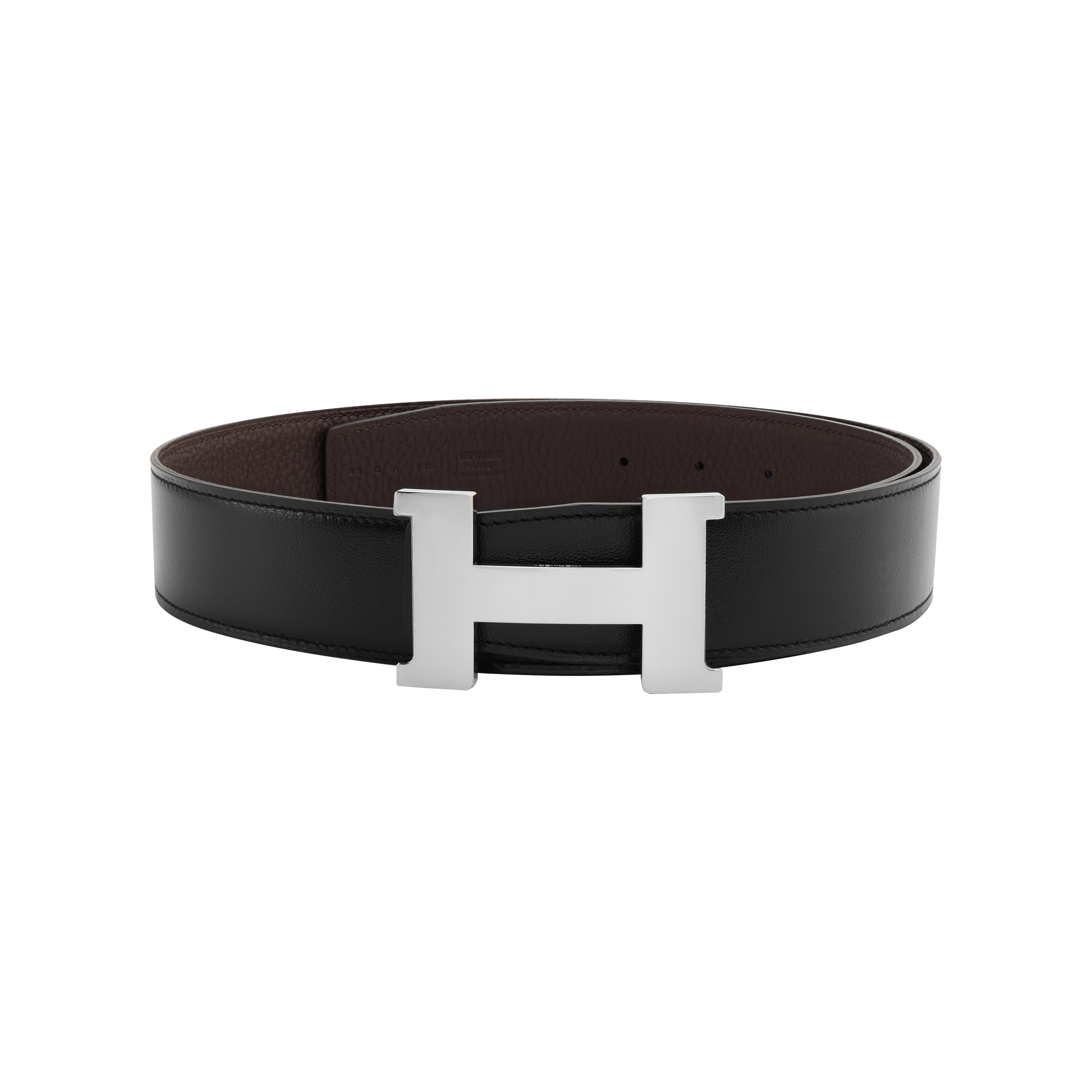 HERMES Constance Leather Belt - Black/Chocolate, Silver Buckle, 3.8cm H074562CK05-H077971CAAB