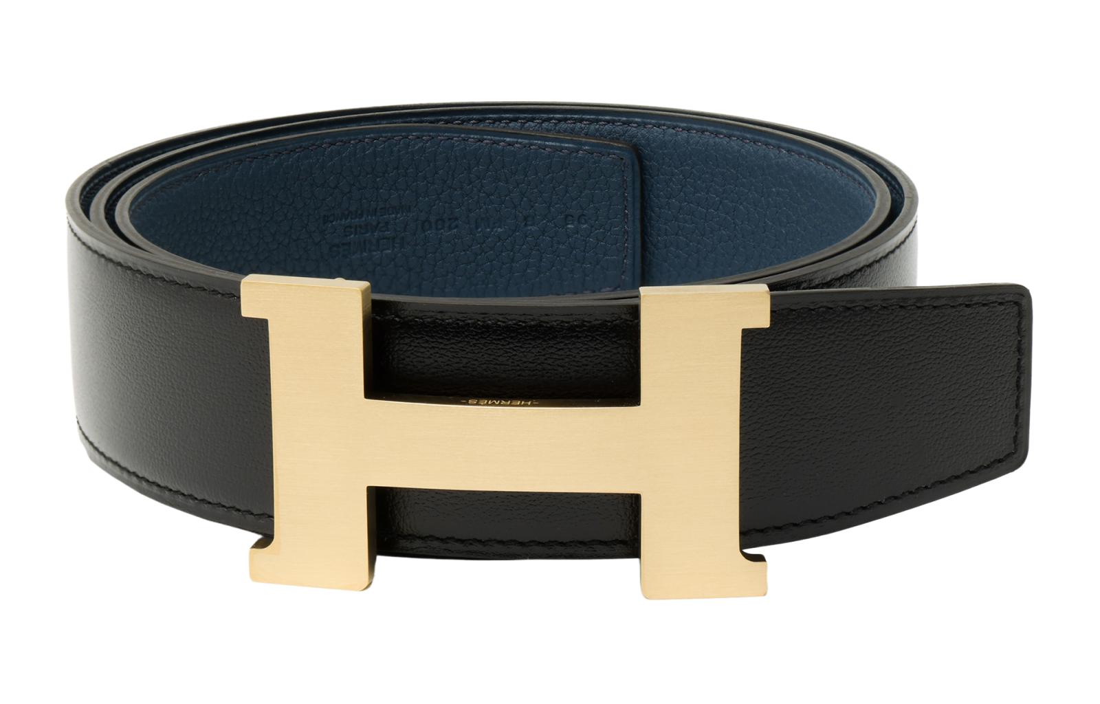 HERMES Constance Matte Gold Buckle Togo Leather Reversible Belt Black/Prussian Blue 3.8cm. H074562CUZ3-H077971CAAE095
