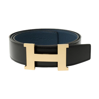 HERMES Constance Matte Gold Buckle Togo Leather Reversible Belt Black/Prussian Blue 3.8cm. H074562CUZ3-H077971CAAE095