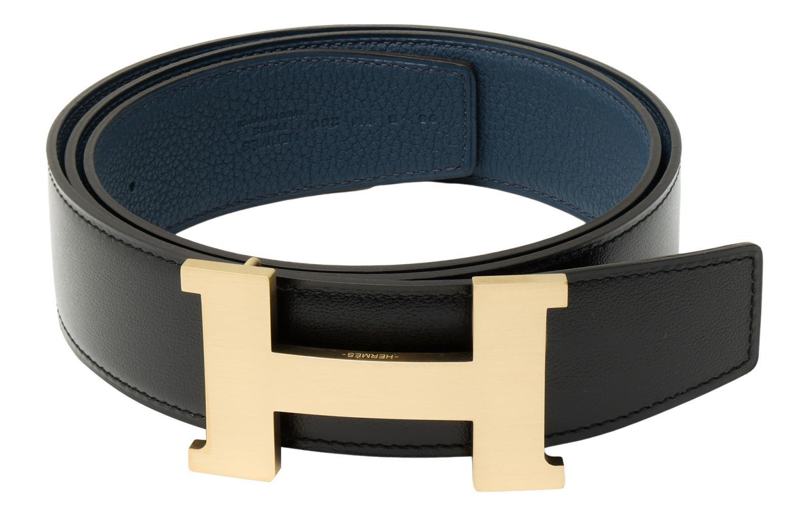 Lookbook HERMES Constance Matte Gold Buckle Togo Leather Reversible Belt Black/Prussian Blue 3.8cm. H074562CUZ3-H077971CAAE095