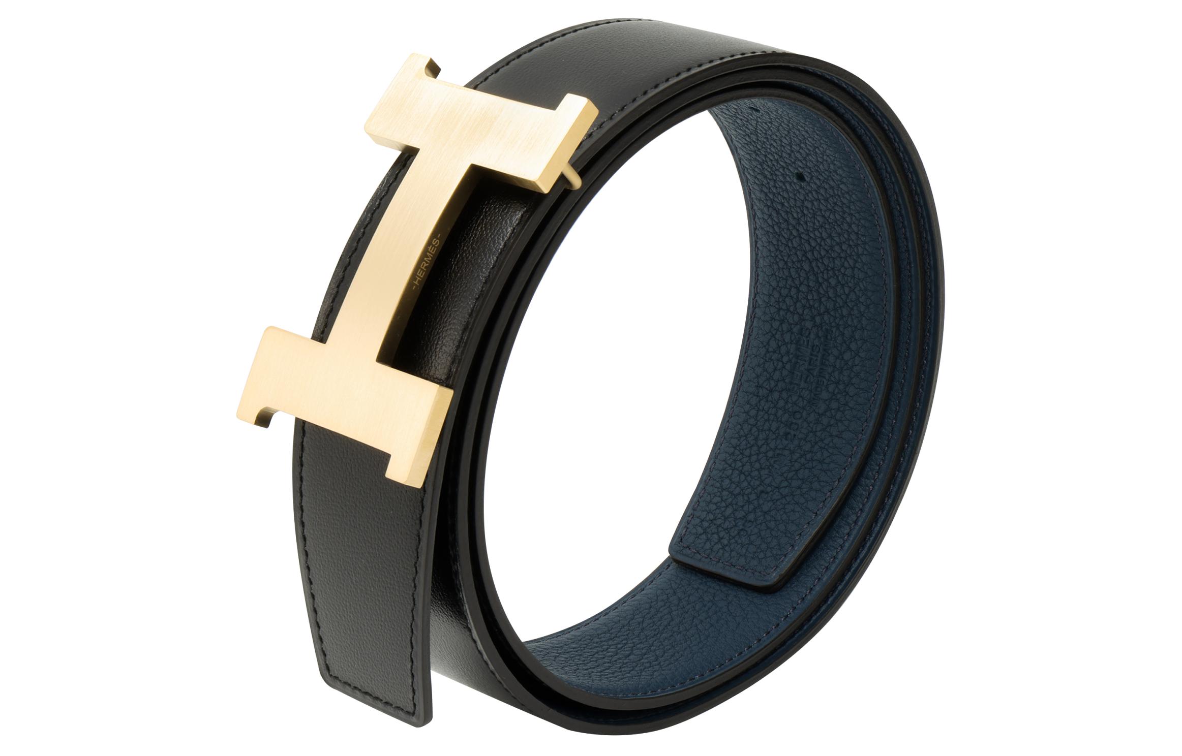 Shop HERMES Constance Matte Gold Buckle Togo Leather Reversible Belt Black/Prussian Blue 3.8cm. H074562CUZ3-H077971CAAE095