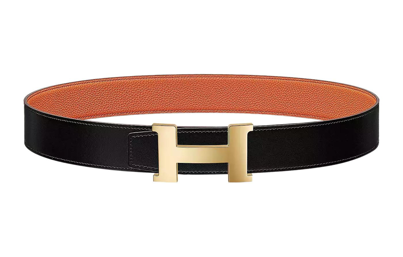 Order 爱马仕康斯坦斯双面Togo皮革腰带金扣黑色/橙色3.8厘米男士款 H074562CP2K-H077971CAAH090