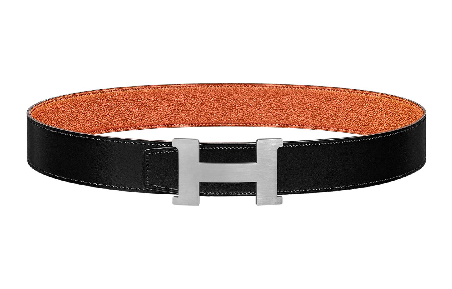 HERMES Constance Togo Leather Belt Black/Orange Silver Buckle Unisex 38cm H074562CB86-H077971CAAH