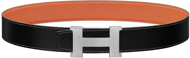HERMES Constance Togo Leather Belt Black/Orange Silver Buckle Unisex 38cm H074562CB86-H077971CAAH HERMES Constance Togo Leather Belt Black/Orange Silver Buckle Unisex 38cm H074562CB86-H077971CAAH