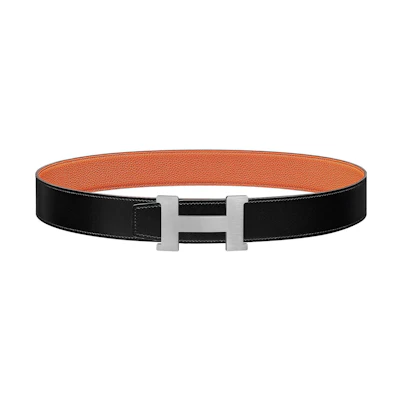 HERMES Constance Togo Leather Belt Black/Orange Silver Buckle Unisex 38cm H074562CB86-H077971CAAH