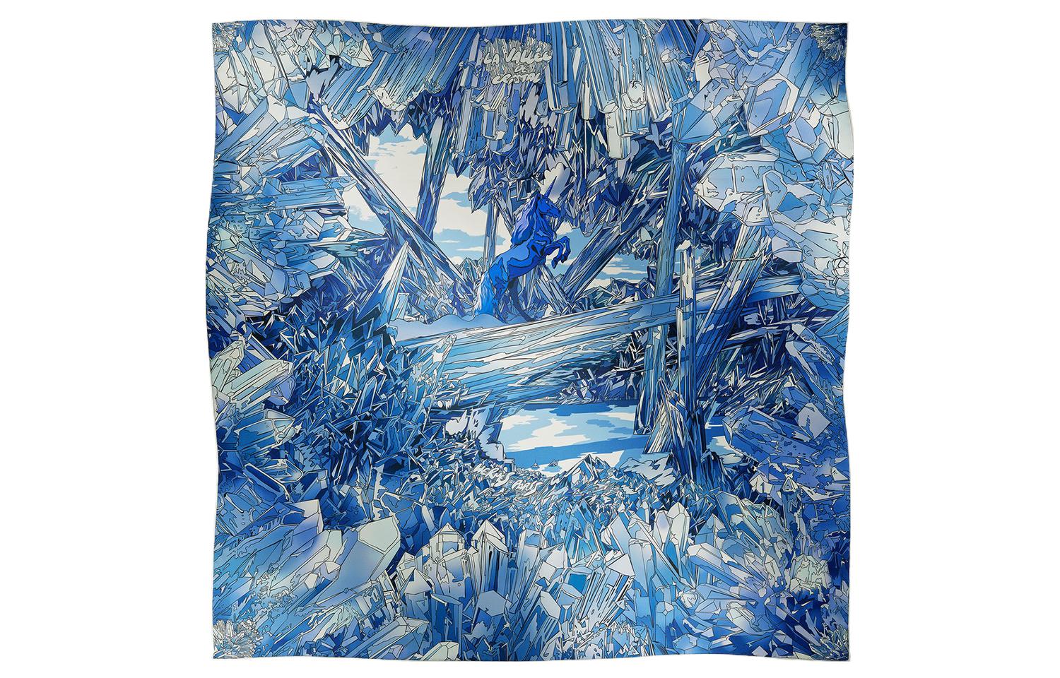 HERMES Crystal Valley Printed Silk Scarf Unisex Couple Design Blue. H004010S 07