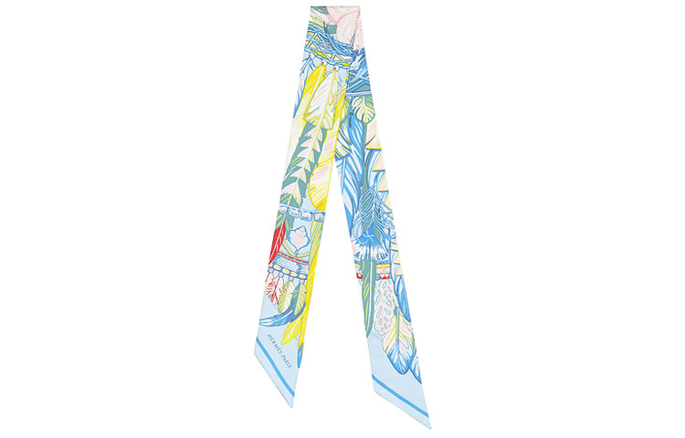 HERMES Danse Pacifique Twilly Scarf Blue Yellow Unisex Couple Style Silk Ribbon H063572S15