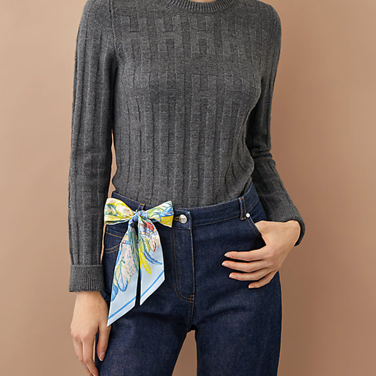 HERMES Danse Pacifique Twilly Scarf Blue Yellow Unisex Couple Style Silk Ribbon H063572S15 圖 4