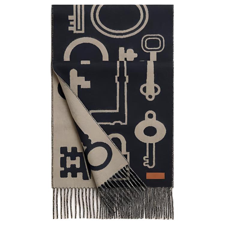 HERMES Dark Blue Printed Cashmere Fringe Scarf Unisex Couples Design. H259142S02