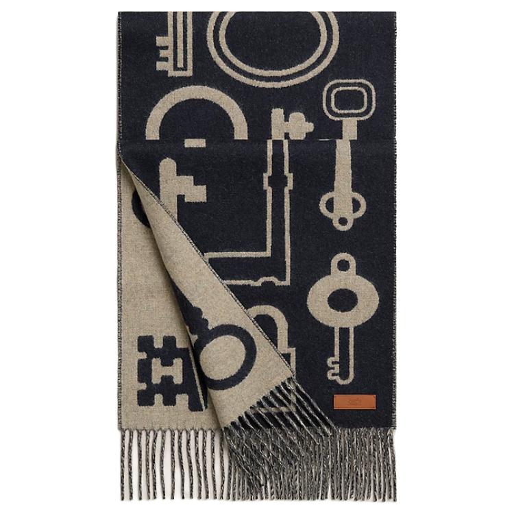 HERMES Dark Blue Printed Cashmere Fringe Scarf Unisex Couples Design. H259142S02 圖 2