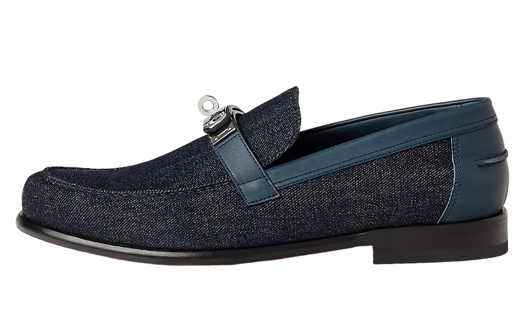 Buy HERMES愛馬仕 Destin 皮革 牛仔布 時尚套穿 樂福鞋 男款 深藍色