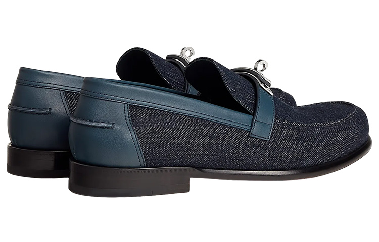 Shop HERMES愛馬仕 Destin 皮革 牛仔布 時尚套穿 樂福鞋 男款 深藍色